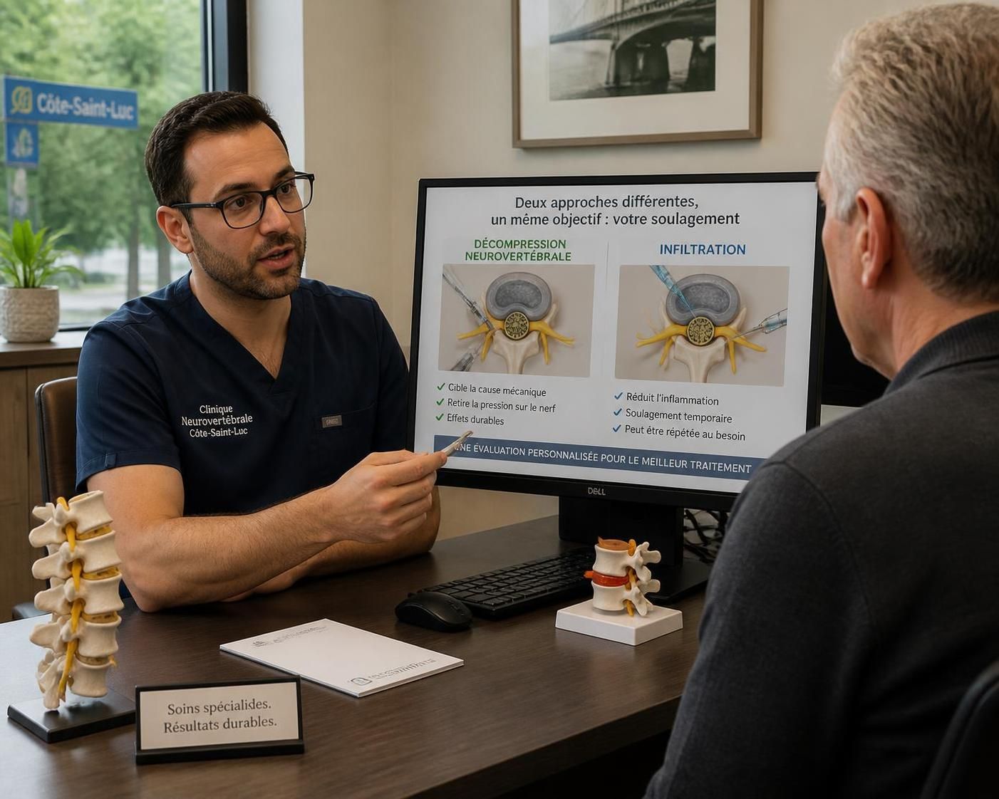 découvrez les différences entre la décompression neurovertébrale et l'infiltration pour traiter la sciatique à côte-saint-luc, leurs avantages, inconvénients et efficacité.